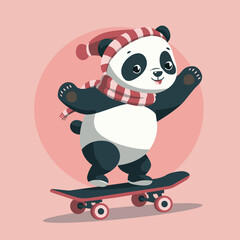 Cute Panda Skateboarding in the Snow Vector