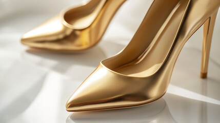 Showcasing gold stilettos placed on a reflective white surface