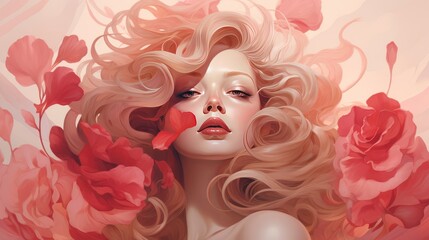 Beautiful blonde woman with rose petals