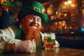 smiling red bearded man in a green hat with a mug of beer in an Irish pub