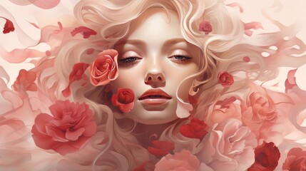 Beautiful blonde woman with rose petals
