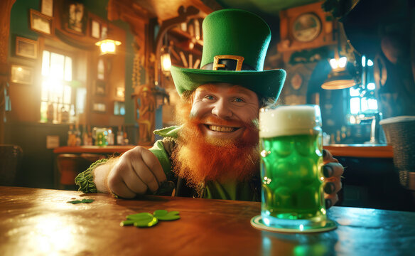 smiling red bearded man in green clothes and hat with a mug of beer in an Irish pub