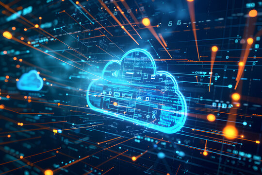 Cloud computing concept background. Digital data processing in the virtual cloud abstract background. 5G wireless network, lines, connectivity, and data flow in the virtual world.