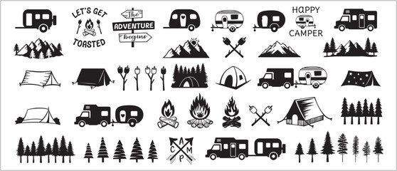 Camping vector illustration set. Camping tent and mountains icons. Camper trailer, marshmallow, campfire, pine tree vector stock illustration. Great for outdoor branding.