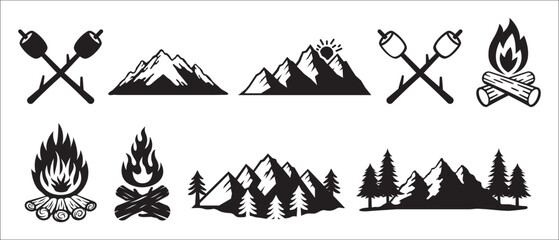 Mountains vector set. Campfire illustration set. Marshmallow icons. Vector stock illustration. Great for outdoor branding. © great19