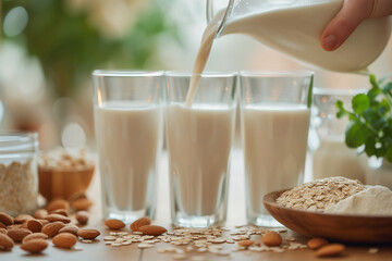 Healthy Milk Alternatives: Almond, Soy, and Oat in Elegant Glass Bottles