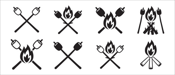 Camp fire marshmallows vector set. Bonfire illustration set. Burning fire wood, marshmallow vector stock illustration. Let's get toasted sicker.