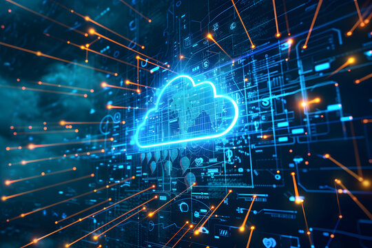 Cloud computing concept background. Digital data processing in the virtual cloud abstract background. 5G wireless network, lines, connectivity, and data flow in the virtual world.