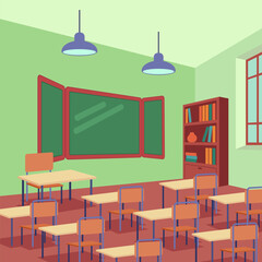 Large classroom with desks and chairs vector illustration. Interior design with blackboard, bookshelf and school desks. Education, school, furniture concept