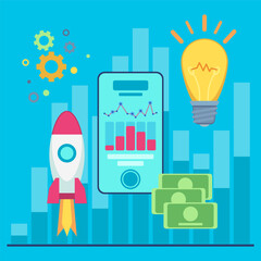 Startup business concept. Vector illustration of  smartphone with diagrams. Rocket, lightbulb, gear wheels and money.