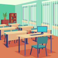 Empty school classroom interior vector illustration. Teachers desk with computer, schoolchildren desks and chairs, bookshelf. Education, interior design concept