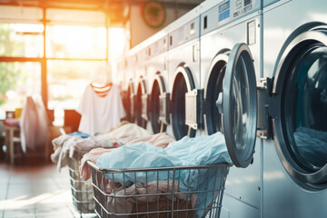 Washing machine with row of vending washing machine in laundromat. Laundry service concept - obrazy, fototapety, plakaty