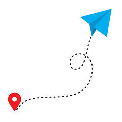 Paper airplane with map pins and dotted path. Travel and tourism symbol.flat style vector illustration