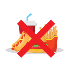 stop eating junk food, prohibited junk food, flat style prohibition vector illustration