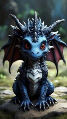 the cutest cute monster dragon with black horns on head blue eyes heart