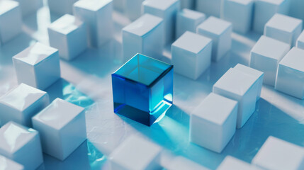 Obraz premium A blue cube sits on a background of white three-dimensional cubes.