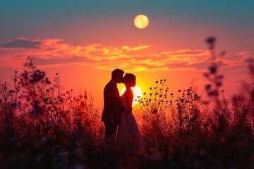 Cartoon of a romantic sunset with silhouettes of a bride and groom kissing