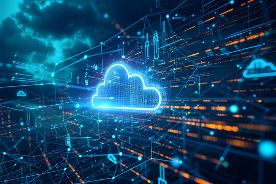 Cloud computing concept background. Digital data processing in the virtual cloud abstract background. 5G wireless network, lines, connectivity, and data flow in the virtual world.