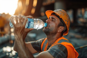 A construction worker lifts up a bottle of water to drink while resting after work