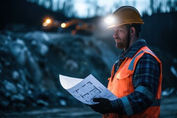Engineer miner wearing a helmet with blueprints at the mining site