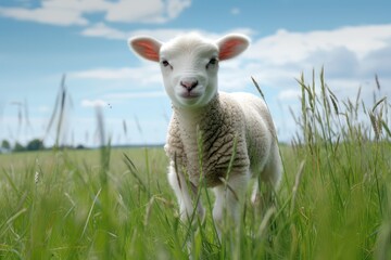 Fototapeta premium Healthy Curious lamb in a Feild