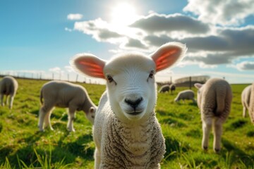 Fototapeta premium Healthy Curious lamb in a Feild