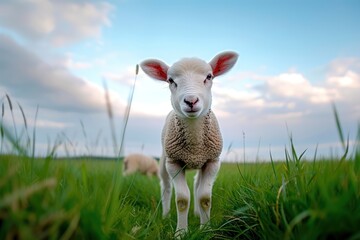 Fototapeta premium Healthy Curious lamb in a Feild