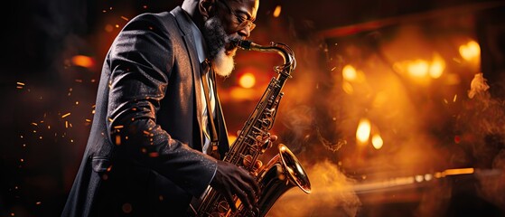 saxophone player playing jazz music at the night club - obrazy, fototapety, plakaty