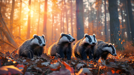 Badgers standing in the forest in the evening with setting sun shining. Group of wild animals in...