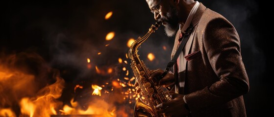 saxophone player playing jazz music at the night club - obrazy, fototapety, plakaty