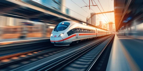 Foto auf Acrylglas High-speed fast train passenger locomotive in motion at the railway station, the city is background © Attasit