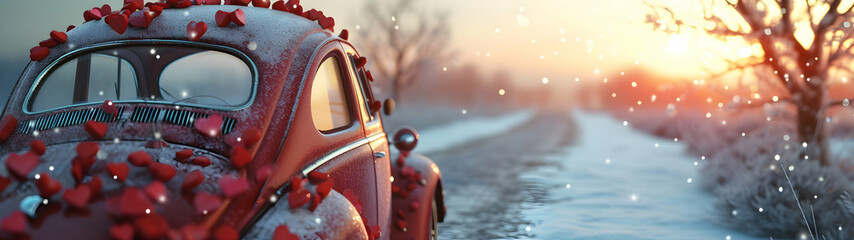 Red decorated vintage car in motion carrying Valentine's hearts in a winter countryside with snow...