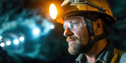 Fototapeta premium Miner engineer wearing a helmet looking at the mining site