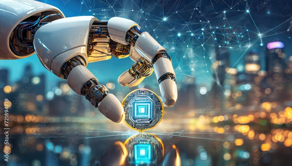 Poster artificial intelligence, an humanoid robot hand holds an artificial intelligence chip