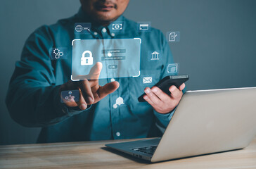 Concept Cyber ​​security internet protection personal information. businessman fingerprint...