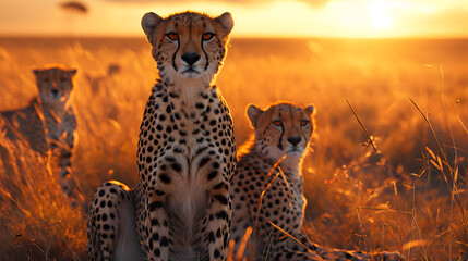 Cheetah standing in the savanna with setting sun shining. Group of wild animals in nature.