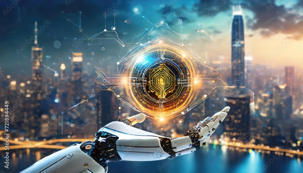 Poster artificial intelligence, an humanoid robot hand holds an artificial intelligence chip