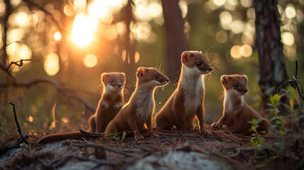 Weasel family in the forest with setting sun shining. Group of wild animals in nature.
