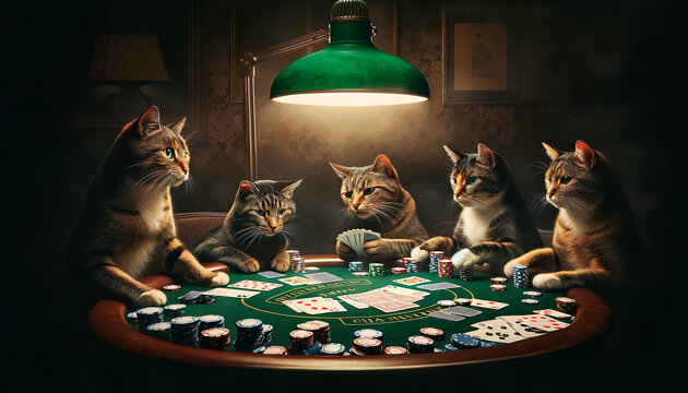 Five serious cats compete in a poker game at a round table under a vintage lamp with poker chips and cards on the table.Gambling concept. AI generated.