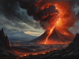 Digital illustration of the environmental disaster of the eruption of the volcano. Smoke, ash, lava flows from the crater
