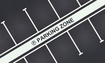 Asphalt surface with parking spaces. Empty city car park with sign, top view.