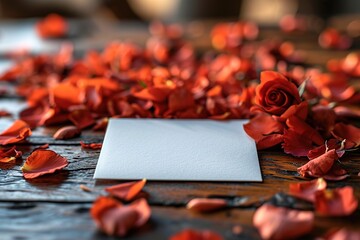 Cinematic shot of a white blank card placed on a surface adorned with heart-shaped flower petals