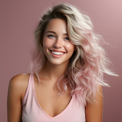 Portrait of a Cute Woman with Short Pink Hair on Pink Studio Background
