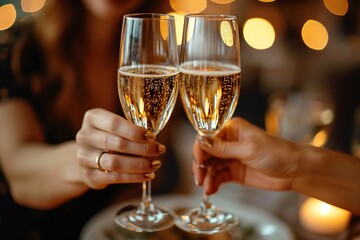 Close-up of a couple toasting with champagne glasses, focusing on the clinking of glasses