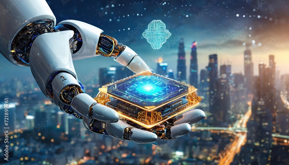 Poster artificial intelligence, an humanoid robot hand holds an artificial intelligence chip