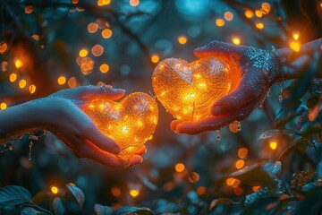 Close-up of a couple's hands releasing heart-shaped lanterns in a garden filled with fireflies