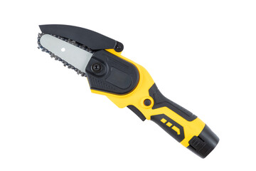 Small handheld lithium battery powered chainsaw for trimming, cutting trees or bushes branches, isolated on white background.