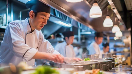 Fotobehang モダンなレストランのキッチンで集中したシェフとそのチーム。レストラン・料理のイメージ。 © Imaging L