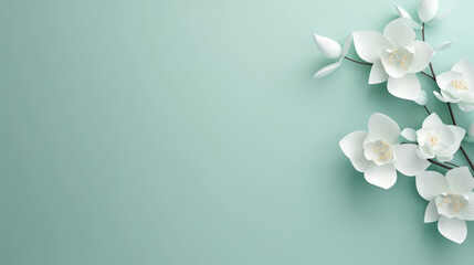 Fototapeta na wymiar A quilling artwork of a elegant paper orchids with graceful curves, on a mint background with copy space