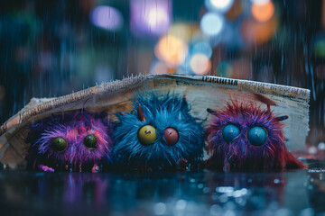 A group of cute colorful alien monsters stuck together under the heavy rain in the city. A rainy night with fog - 721896027